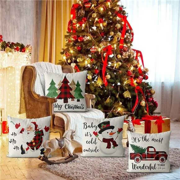 18x18 Set of 4 Red Black Christmas Tree Truck Snowman Farmhouse Pillow Case - Picture 6 of 6